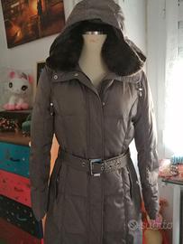 Piumino d'oca lungo marrone/grigio con cappuccio