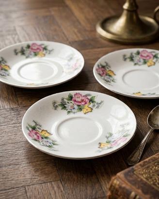 Set 3 Piattini Vintage Ceramica Fiori Bordo Oro