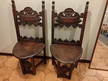 coppia sedia fratine antiche tinta noce decorate