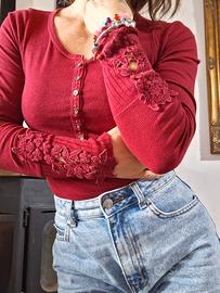 Maglietta bordeaux manica lunga con pizzo XS
