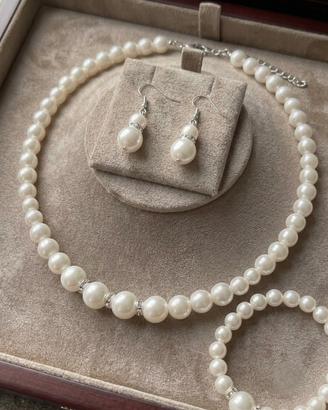 Set Collana, Bracciale e Orecchini Perle e strass
