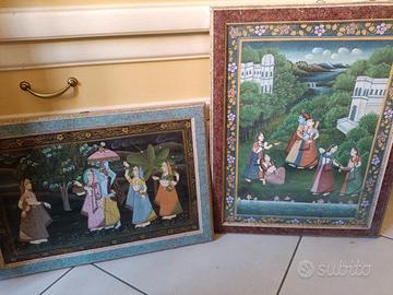 Coppia Quadri Indiani Vintage su Seta/Tela – Dipin