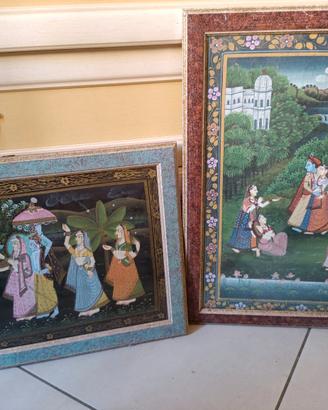 Coppia Quadri Indiani Vintage su Seta/Tela – Dipin