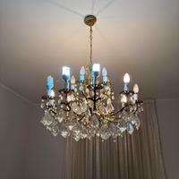 Lampadario grande Vintage in ottone e cristalli
