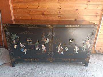 MOBILE CREDENZA DECORATO in LACCA NERA CINESE