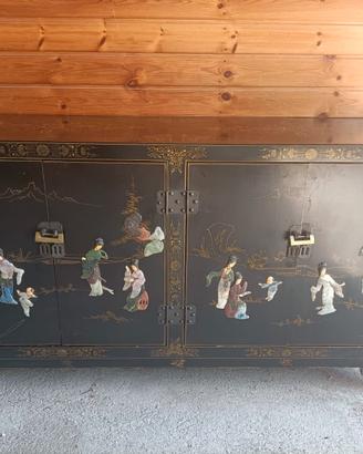 MOBILE CREDENZA DECORATO in LACCA NERA CINESE