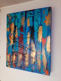 QUADRO ASTRATTO MATERICO Oro e Blu dipinto a mano 