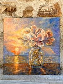 Dipinto originale  con fiori e tramonto -