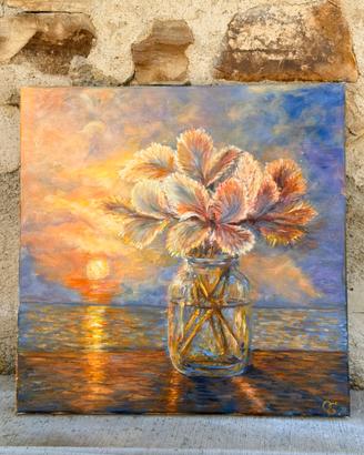Dipinto originale  con fiori e tramonto -