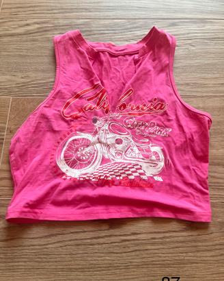 Top Crop Rosa Fucsia Stampa Moto "California"