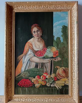 Dipinto olio su tavola, Donna venditrice di frutta