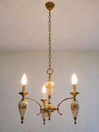 Lampadario vintage 3 luci in ottone e ceramica