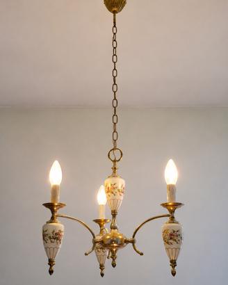 Lampadario vintage 3 luci in ottone e ceramica
