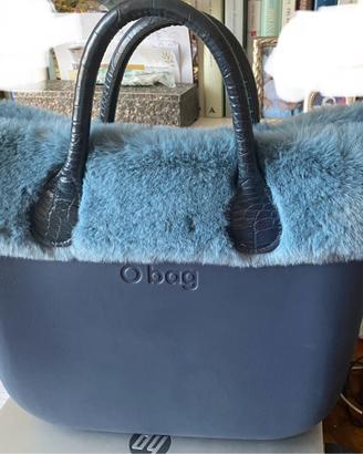 Borsa O bag  blu con pelliccia