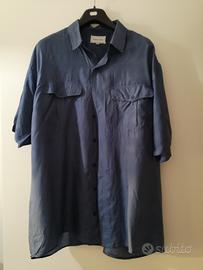 Camicia in seta blu a maniche corte 