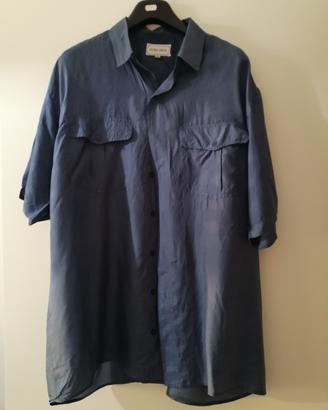 Camicia in seta blu a maniche corte 