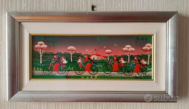 Dipinto naif di Rodolfi "Una gita in bicicletta"