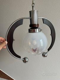 Lampadario Vintage Anni 70/80 In Vetro e Legno