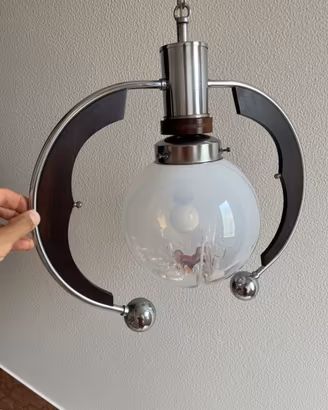 Lampadario Vintage Anni 70/80 In Vetro e Legno