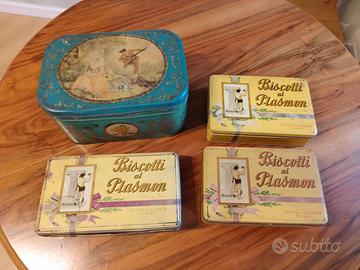 Scatole in latta "Biscotti al Plasmon" e caramelle