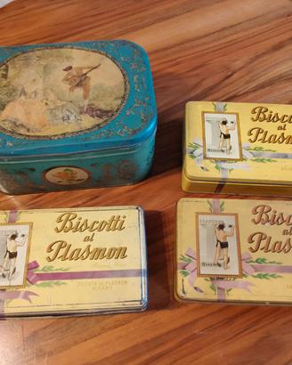 Scatole in latta "Biscotti al Plasmon" e caramelle