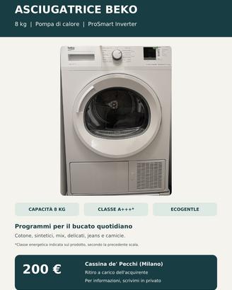 Asciugatrice Beko 8 kg a pompa di calore – 200 €