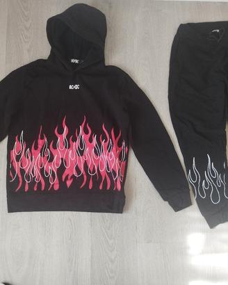 Completo Tuta AC/DC Nero con Fiamme. Felpa + Panta
