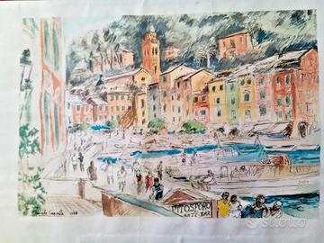 Michele Cascella Portofino litografia 30 x 20