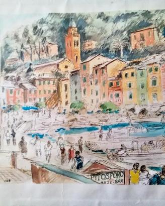 Michele Cascella Portofino litografia 30 x 20