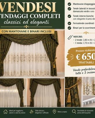 3 tende classiche Eleganti + Mantovane +Binari