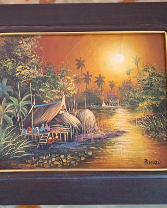 Quadro Thailandia foglie tabacco firmato Prasarn