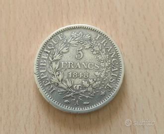 Moneta rara argento 5 franchi 1848