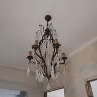 Lampadario Vintage a Gabbia in Ottone e Cristalli 