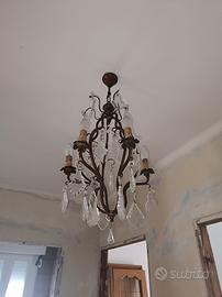Lampadario Vintage a Gabbia in Ottone e Cristalli 