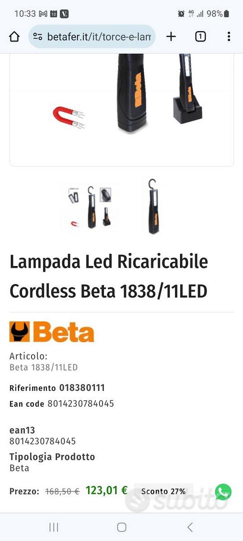 Lampada ricaricabile con LED ad altissima luminosità batteria ai polimeri  di litio 1838/11LED – Beta Utensili