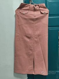 Gonna lunga a vita alta in denim rosa