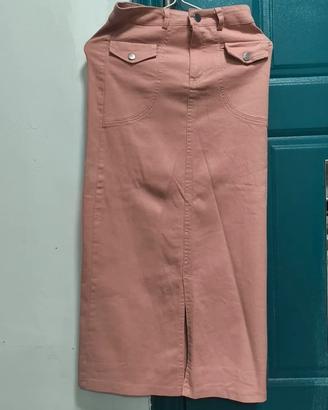 Gonna lunga a vita alta in denim rosa