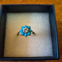 Anello Oro Bianco anni '70 Diamante e turchesi