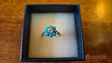 Anello Oro Bianco anni '70 Diamante e turchesi