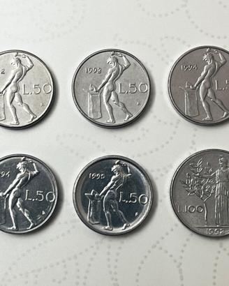 5 monete lire 50 - 1 moneta lire 100 formato MINI
