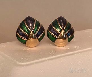 Orecchini vintage a clip, smalto verde e blu