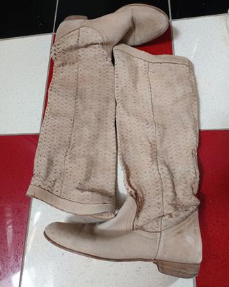 Stivali Estivi Alti Beige - Vera Pelle Traforata –