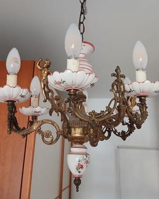 Lampadario Vintage in Ottone e Ceramica