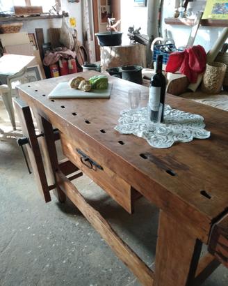 Tavolo da falegname in faggio ristrutturato