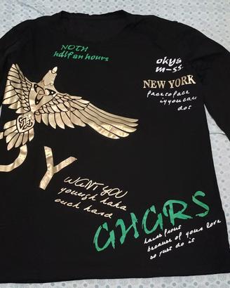 Maglietta nera con stampe oro e verdi XL