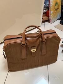 Borsone viaggio da mano vintage in pelle e tessuto