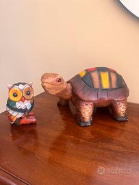 Set statuette il legno intagliato Gufo e Tartaruga