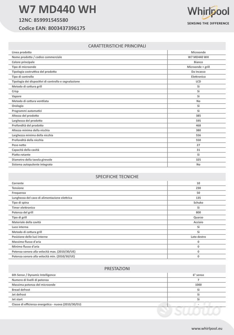 Microonde da incasso Whirlpool bianco W7MD440WH - Elettrodomestici