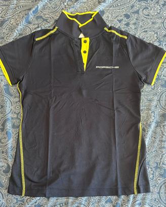 Polo porche blu scuro, con dettagli giallo fluo