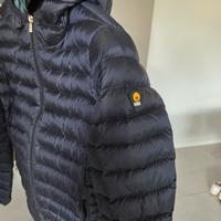 Piumino leggero blu con cappuccio in vera piuma